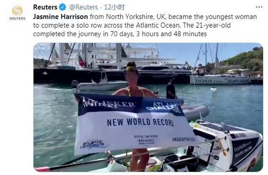 用时70天：21岁英国女子划艇横渡大西洋创纪录
